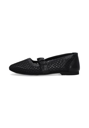 Schwarze Ballerinas mit spitzem Fuß, Lederakzenten, einem strukturierten Mesh-Obermaterial und einer Schleifendekoration vorne. Flache Sohle mit minimalem Absatz.