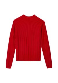 Roter Pullover mit hohem Hals, ausgestattet mit vertikaler Rippstruktur und langen Ärmeln. Der Stoff wirkt weich und figurbetont.