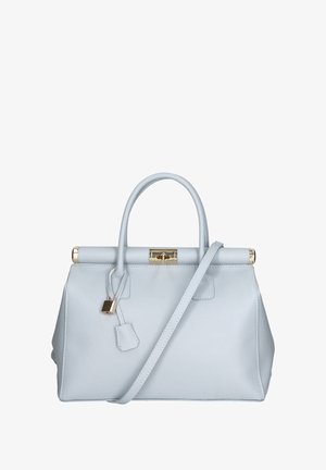 Lichtblauwe leren handtas met gestructureerde vorm, bovenhandgreep en afneembare schouderriem; voorzien van gouden hardware en een slot.