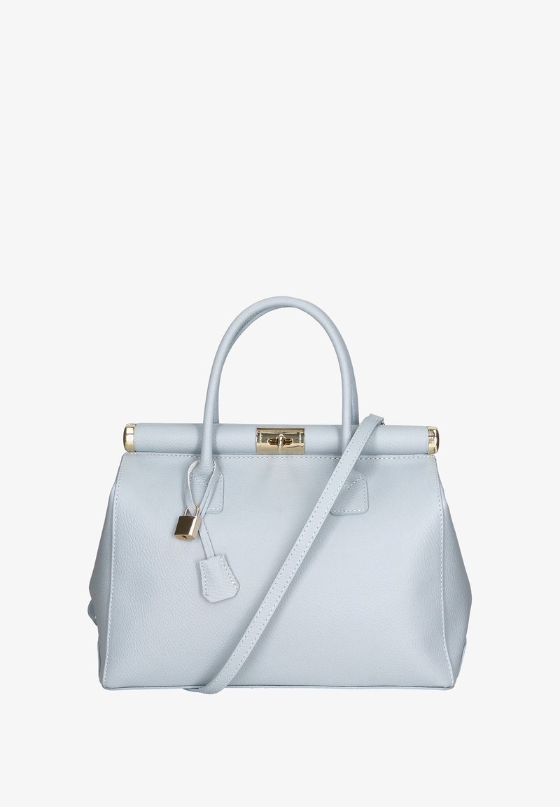 Lichtblauwe leren handtas met gestructureerde vorm, bovenhandgreep en afneembare schouderriem; voorzien van gouden hardware en een slot.