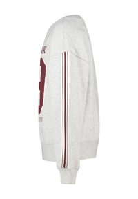 Light gray sweatshirt with burgundy and white sleeve stripes, ribbed cuffs, and partial burgundy number print on front left side.