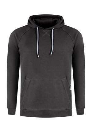 Sudadera con capucha gris oscuro, con mangas raglán, bolsillo delantero, forro texturizado en la capucha y cordones blancos en contraste.