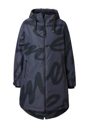 Donkergrijze geïsoleerde parka met zwart abstract patroon, rits aan de voorkant, twee zijzakken, verstelbare capuchon met trekkoorden en textured voering.