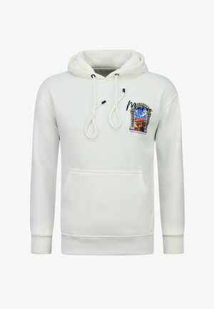 Witte hoodie met capuchon, voorzak en trekkoorden, met een kleurrijk landschapsbooggrafiek en tekst op de linkerborst.