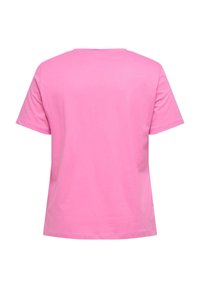 Enkelt rosa kortermet T-skjorte vist bakfra med rund hals og vanlig passform på hvit bakgrunn.