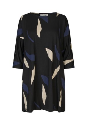 Vestido negro de corte suelto con mangas de 3/4, que presenta patrones irregulares en tonos beige y azul oscuro con forma de hojas.