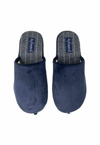 Pantofole blu navy senza lacci con esterno morbido in pelle scamosciata e soletta in tessuto testurizzato con motivo simile al denim e dettaglio del logo.