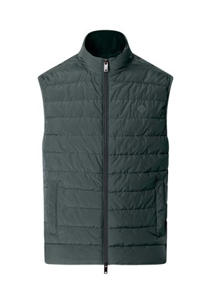 Chaleco sin mangas acolchado en verde oscuro, con cuello alto, cremallera frontal y bolsillos laterales con textura acolchada.