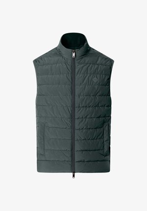 Gepolsterte ärmellose Weste in Dunkelgrün, mit hohem Kragen, Frontreißverschluss und Seitentaschen mit gesteppter Textur.