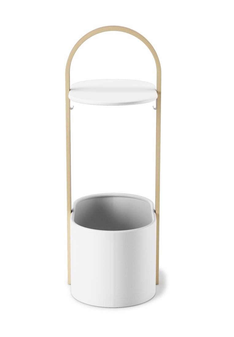 Vassoio circolare bianco sopra con una cornice in legno chiaro, che sostiene un contenitore cilindrico bianco sottostante con una finitura liscia e opaca.