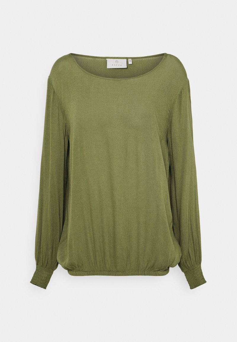 Blouse à manches longues, vert olive, avec un col rond plongeant, ourlet et poignets élastiqués, fabriquée en tissu doux et léger. Texture lisse.