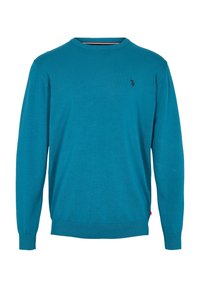 Turkusowy sweter z okrągłym dekoltem wykonany z miękkiego materiału, z długimi rękawami i małym czarnym logo na lewej piersi. Ściągacze na mankietach i u dołu swetra.