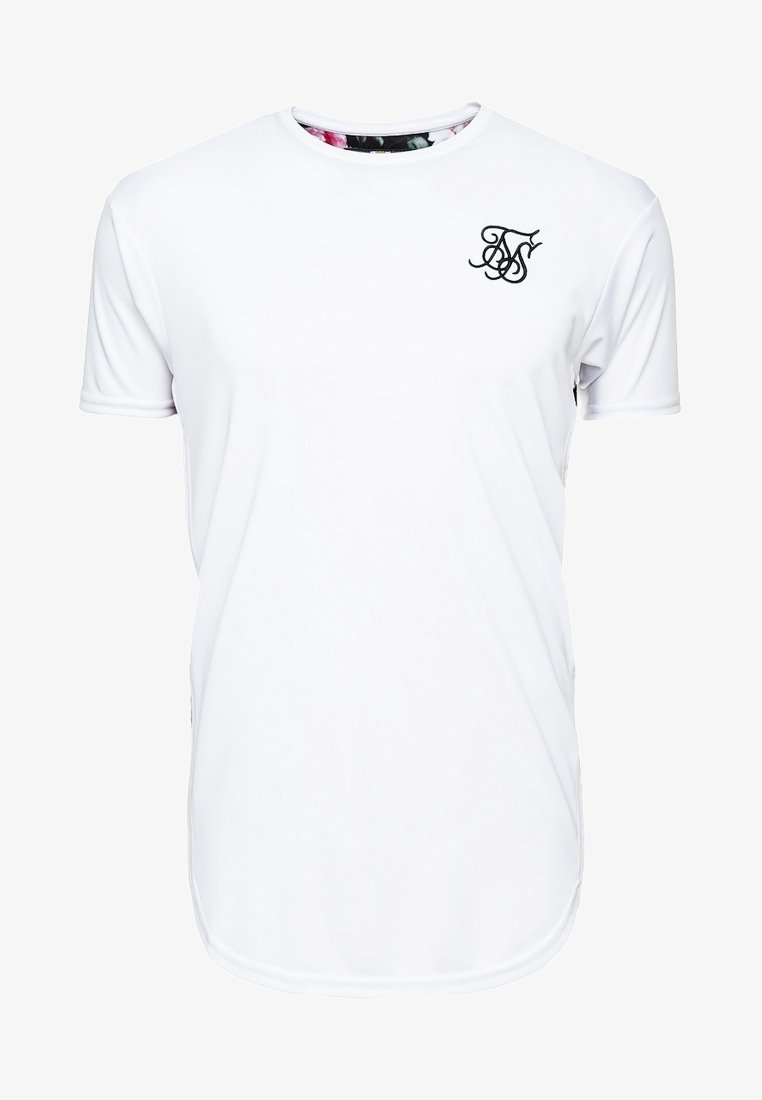 T-shirt blanc à manches courtes en tissu lisse, avec un col rond et un petit logo noir sur la poitrine.
