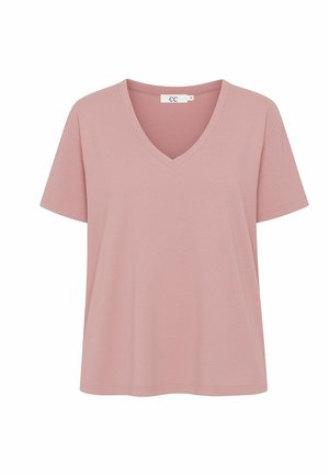 V-Ausschnitt, kurzärmliges T-Shirt aus weichem rosa Stoff. Mit lockerem Schnitt und glatter Textur, minimalen Nähten und ohne sichtbare Verzierungen.