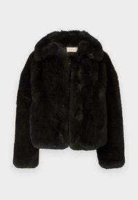 Μαύρο ψεύτικο γούνινο μπουφάν με στρογγυλή κολάρο, μακριά μανίκια και κοντό σχέδιο. Μαλακή υφή και χωρίς ορατούς κλειδώματα.