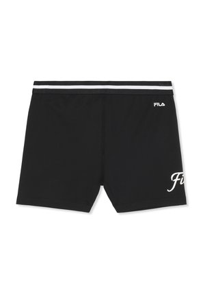 Schwarze Fila-Badeshorts mit weißem Logo am rechten Bein und gestreiftem elastischem Bund vor weißem Hintergrund.