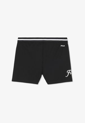 Shorts de bain noirs Fila avec logo blanc sur la jambe droite et ceinture élastique rayée sur fond blanc.