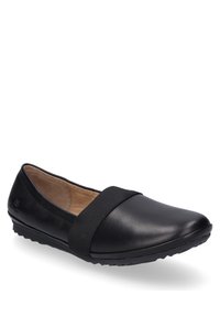 Black leather flat shoe featuring a soft, rounded toe, elastic band across the top, and a textured rubber sole for grip.