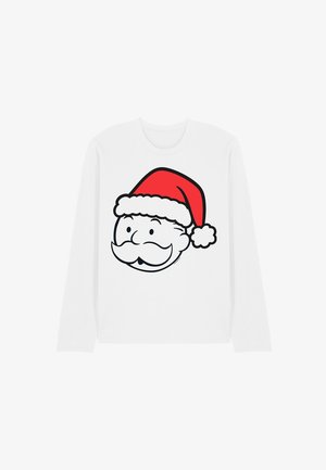 Weißes Langarmshirt mit einer schwarzen Umrissillustration eines lächelnden Santa Claus Gesichts, das einen roten Weihnachtsmannhut mit weißem Fellrand trägt.