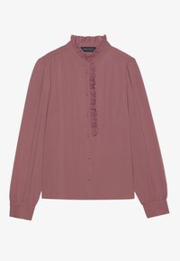 Blusa a maniche lunghe color mauve, con colletto a volant e chiusura con bottoni. Realizzata in tessuto leggero con maniche plissettate.
