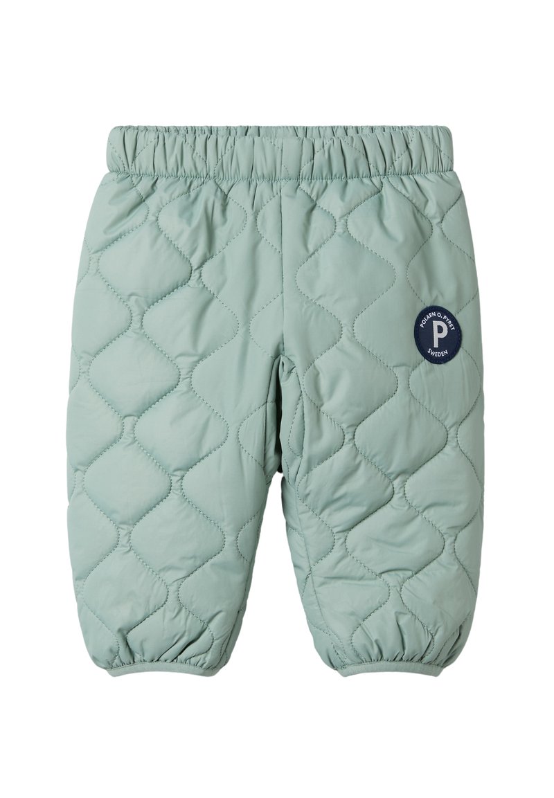 Pehmustetut, vaaleanvihreät lasten housut, joissa on elastinen vyötärö ja ribattu hihna. Vasemmassa sääressä on pyöreä logo-ompelus.