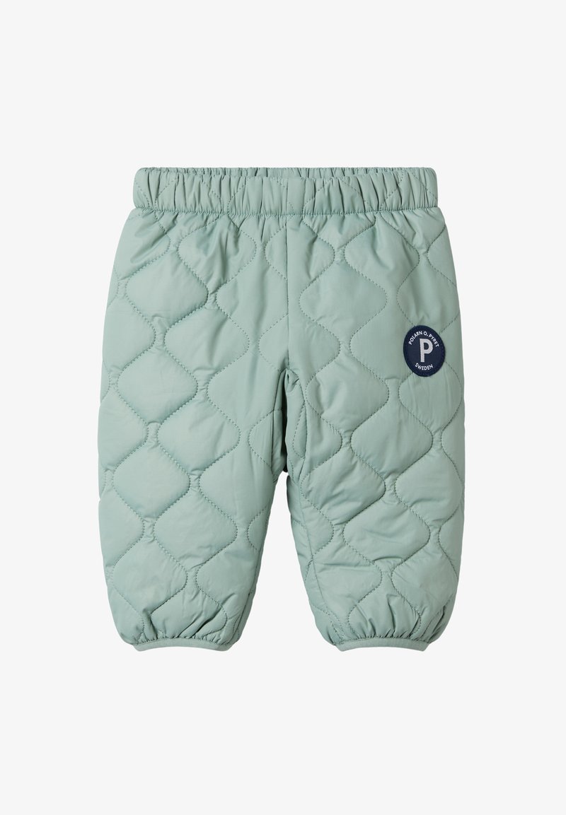 Pehmustetut, vaaleanvihreät lasten housut, joissa on elastinen vyötärö ja ribattu hihna. Vasemmassa sääressä on pyöreä logo-ompelus.