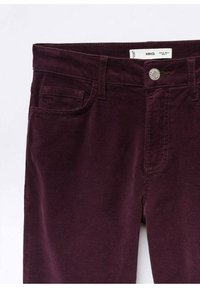 Pantalons en velours côtelé bordeaux avec une taille ajustée, fermeture éclair et poches avant. Tissu texturé avec des rainures subtiles et un détail de bouton en métal.