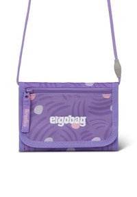 Purple crossbody wallet with a zip pocket, patterned with pink and light gray dots and curved lines, featuring the "ergobag" logo on the front.