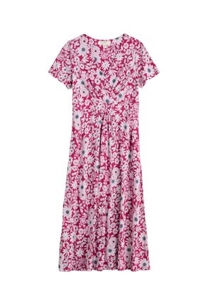 Robe rose à manches courtes avec motif floral blanc et bleu et encolure en V, affichée à plat sur un fond blanc.