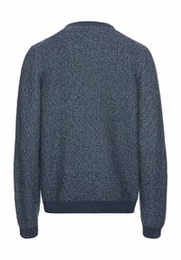Marineblau gestrickter Pullover mit strukturiertem Muster, langen Ärmeln sowie gerippten Bündchen und Saum. Rückansicht, keine Verschlüsse oder zusätzlichen Details.