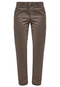 Brązowe, dopasowane spodnie z szlufkami na pasek, przednim zamkiem błyskawicznym oraz gładką, odporną na zagniecenia tkaniną.