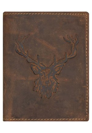 Brauner Leder Geldbeutel mit geprägt Stag Kopf Design. Gestickte Kanten und eine glatte Textur. Hat ein reiches, abgenutztes Aussehen.