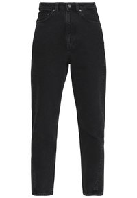 Jeans neri a vita alta con design a gamba dritta, realizzati in denim, dotati di cinque tasche e dettagli in metallo con bottoni. Finitura liscia e testurizzata.