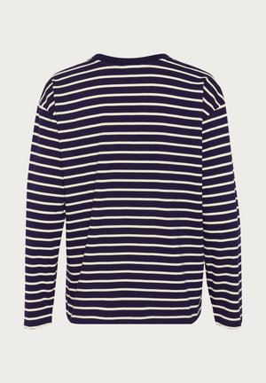 Langärmliges Hemd in Marineblau mit weißen horizontalen Streifen, rundem Halsausschnitt und weichem Baumwollmaterial.