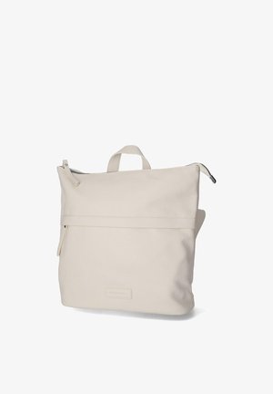Cream-colored leather backpack with top handle, zippered main compartment, and front horizontal seam detail on a white background.