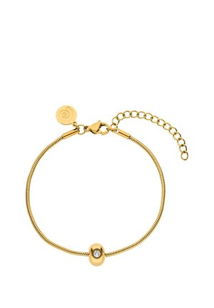 Goldarmband mit verstellbarem Verschluss, rundem Anhänger und einer Perle in der Mitte mit einem kleinen klaren Edelstein.