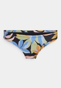 Biquíni de várias cores com padrão floral, apresentando folhas azuis, rosas, laranjas e verdes sobre uma base preta; tecido suave, faixa elástica na cintura.