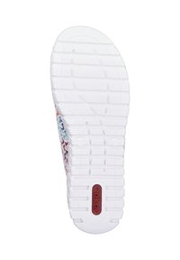 White sneaker sole featuring a textured pattern for grip, with a colorful woven side design and a red logo accent.