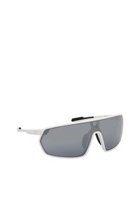 Bílé sluneční brýle s geometrickým rámem, tmavě šedými zrcadlovými čočkami a texturovanými černými akcenty na nožičce. Sportovní, lehká konstrukce.