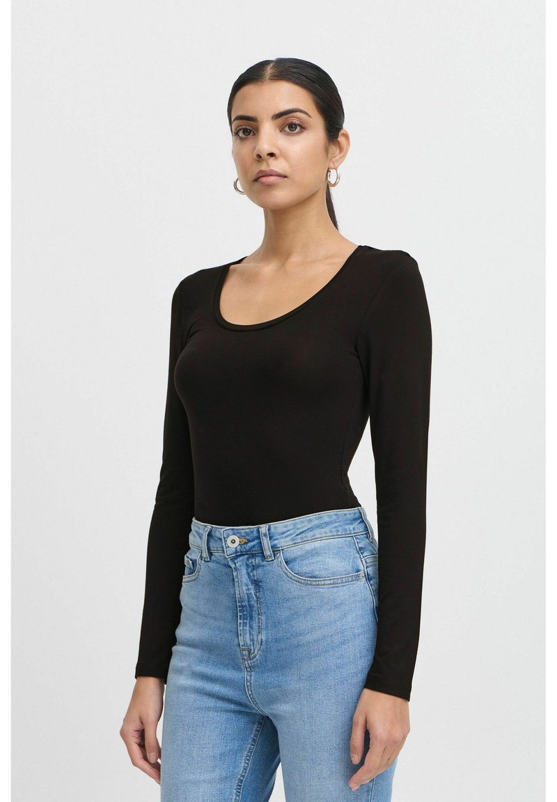 Black long-sleeve bodysuit featuring a scoop neckline, worn with light blue high-waisted jeans. Smooth, stretchy fabric texture.