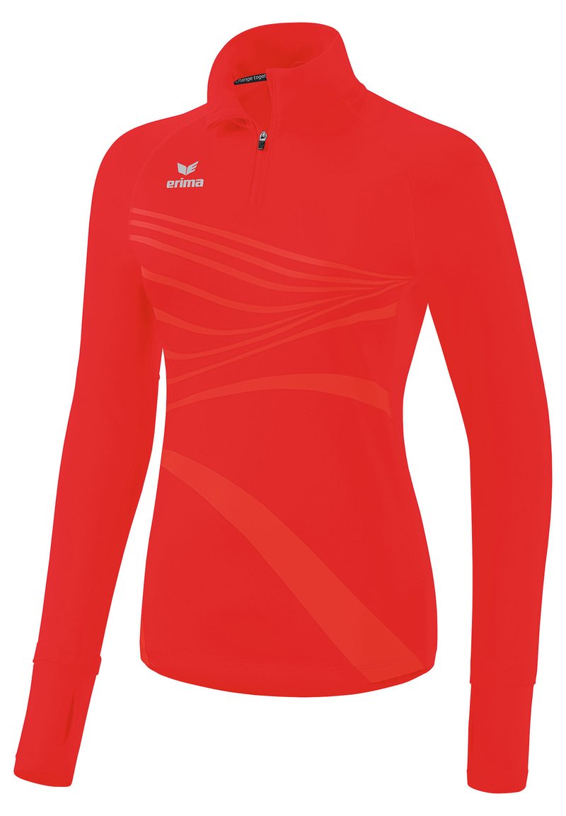 Roter Sport-Fleece mit Reißverschluss und langen Ärmeln, der dezente horizontale Streifen, einen hohen Kragen und Daumenlöcher in den Ärmelabschlüssen aufweist.