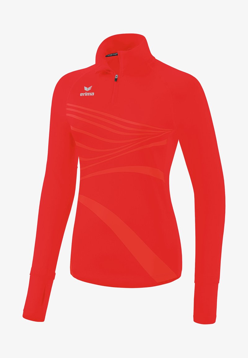 Fleece sportivo rosso con zip, maniche lunghe, caratterizzato da sottili strisce orizzontali, colletto alto e aperture per il pollice nei polsini.