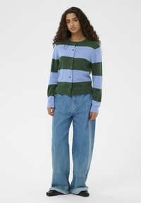 Cardigan rayé vert et bleu clair avec un col rond, fermeture à boutons et texture douce, associé à un pantalon en denim ample.