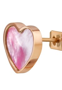 Orecchino a forma di cuore in oro rosa con una inlay iridescente rosa e bianca. Presenta una finitura lucida e un supporto quadrato.
