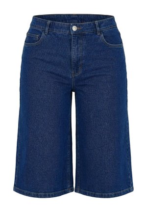 Donkerblauwe denim bermuda short met knoop aan de voorkant, ritssluiting, lussen voor een riem en een ontwerp met vijf zakken.