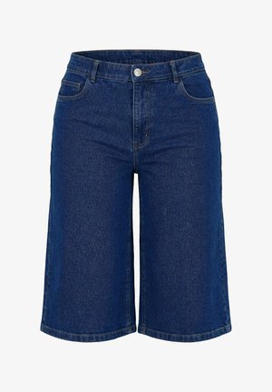 Donkerblauwe denim bermuda short met knoop aan de voorkant, ritssluiting, lussen voor een riem en een ontwerp met vijf zakken.