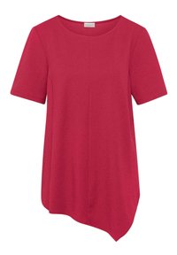 Rotes kurzärmliges Oberteil mit rundem Ausschnitt. Verfügt über einen asymmetrischen Saum und eine glatte, weiche Textur. Keine Muster oder sichtbaren Beschläge.