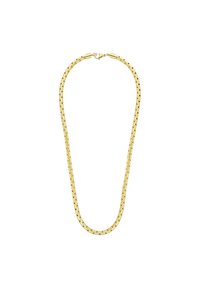Gouden metalen ketting met een interlock ontwerp en een gladde textuur. Sluiting aan de achterkant.