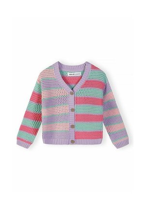 Cardigan au crochet avec des rayures horizontales lavande, rose, vert menthe et violet, comprenant un col en V et quatre boutons bruns à l'avant.