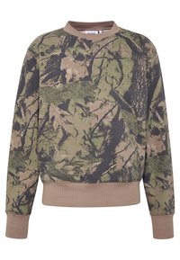 Felpa con motivo camouflage nei colori verde, marrone e nero. Presenta un collo rotondo e polsini a costine con un bordo beige solido all'orlo.